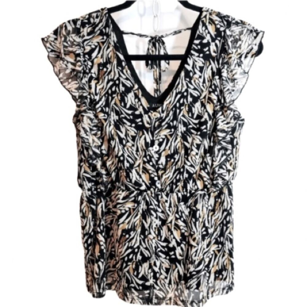 AUW Multicolor Black Brown White Abstract Ruffle Flutter VNeck Blouse Top Medium